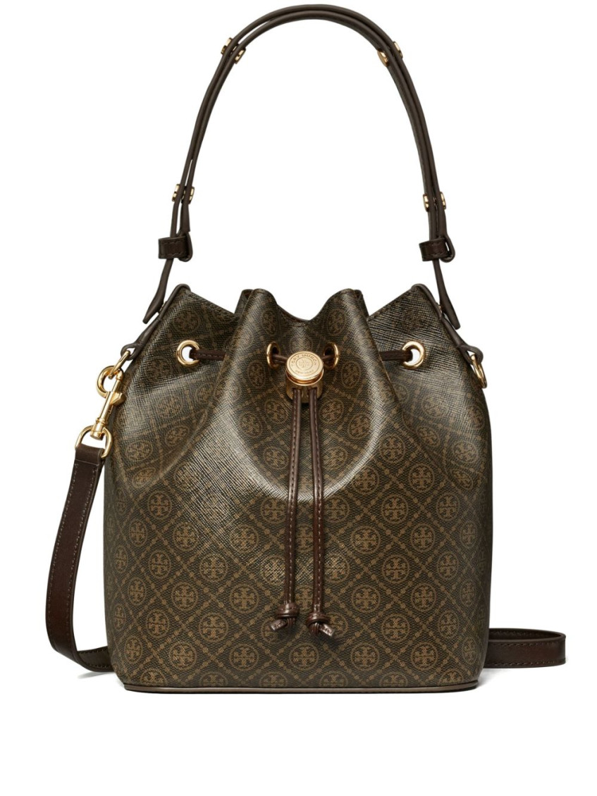 Tory Burch T Monogram Coated Canvas Bucket Bag In Brown