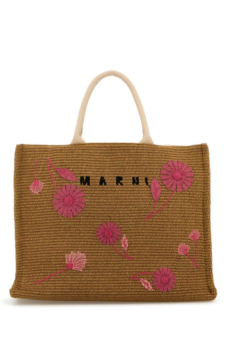 Marni Raffia Shopping Bag Embroidered Floral Design In Brown