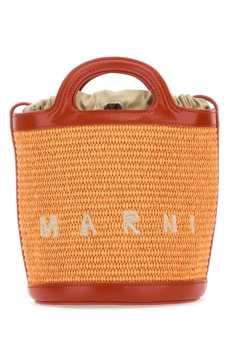 Marni Woman Two-tone Leather And Raffia Tropicalia Bucket Bag In Orange