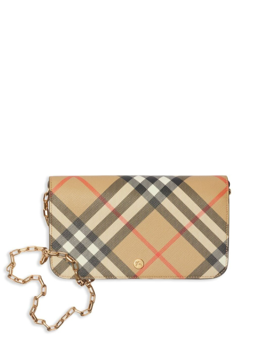 Burberry Check Flap Canvas Wallet On Chain In Beige