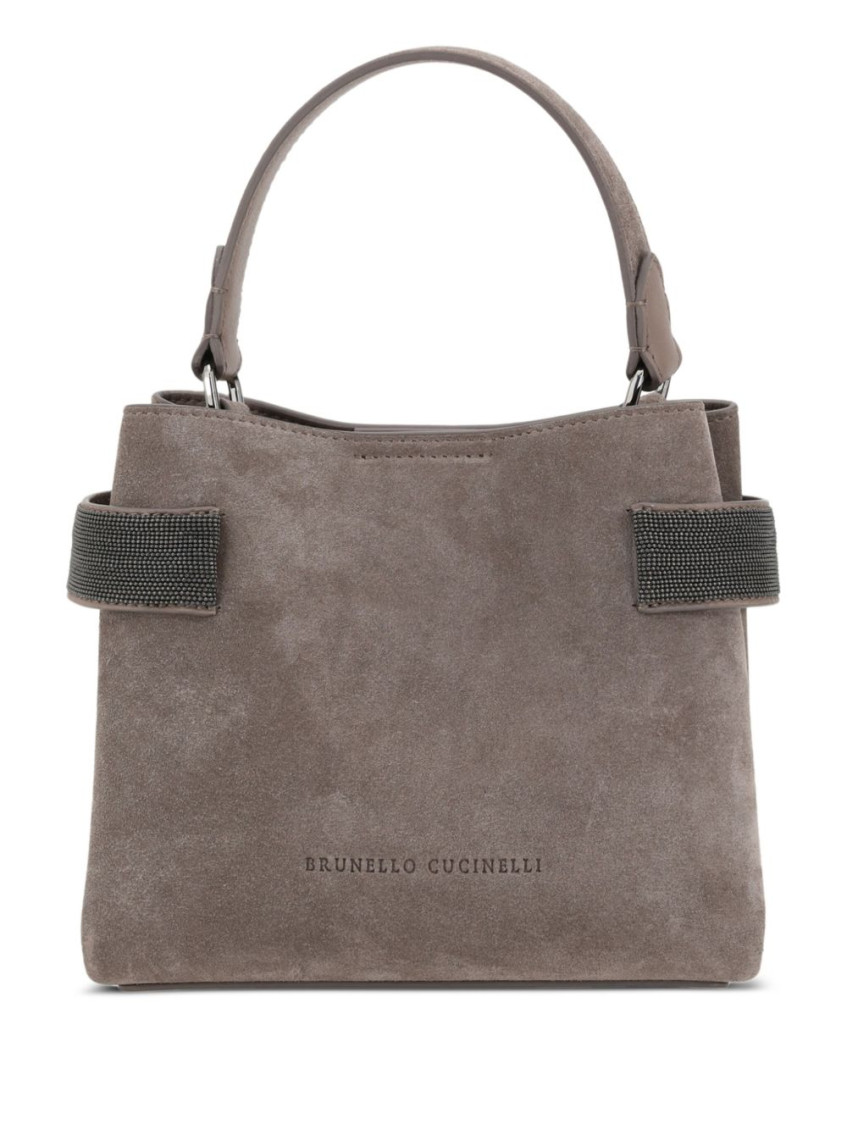 Brunello Cucinelli Embellished Strap Suede Leather Handbag In Gray