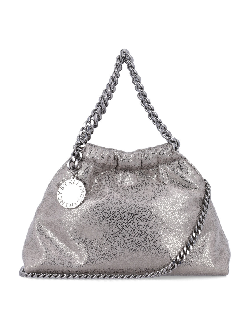 Stella Mccartney Falabella Cracked Metallic Drawstring Crossbody Bag In Gray