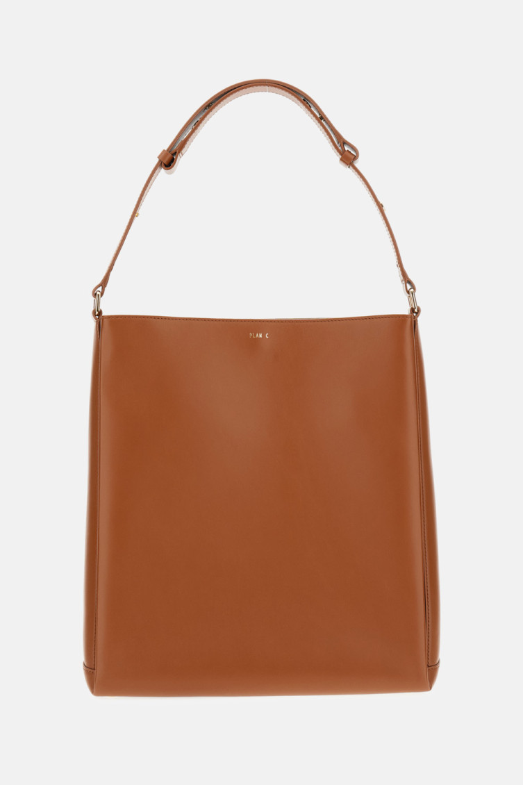 Plan C Leather Shopper Bag With Adjustable Handle In Brown