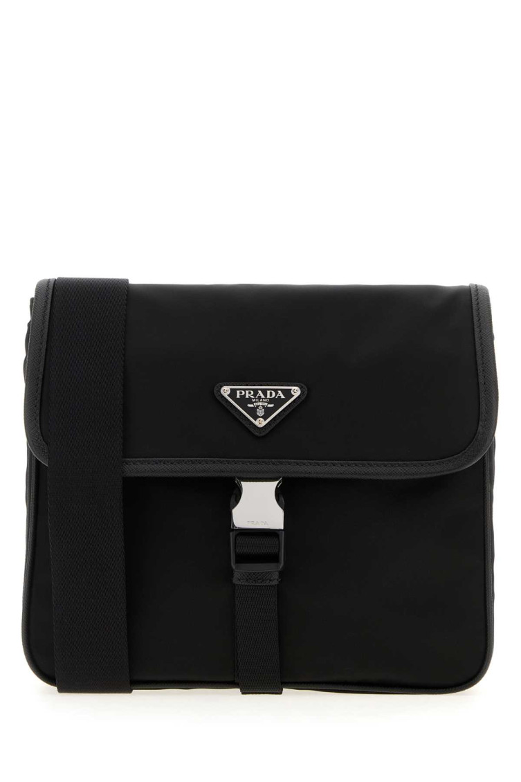 Prada Fabric Leather Shoulder Bag Adjustable Strap Front Flap In Black