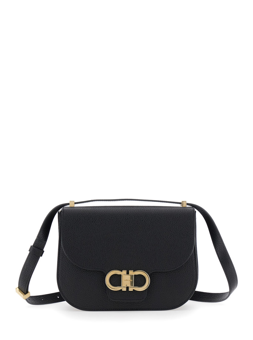 Ferragamo Women Black Crossbody Bag With Double Gancini Plaque On The Front In Grained Leather Woman In Black