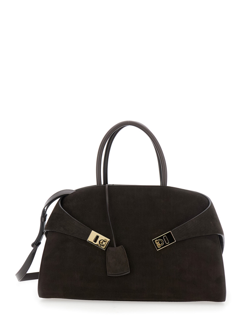 Ferragamo Hug Bicolor Brown Handbag With Logo And Gancini Buckle In Leather Woman In Brown