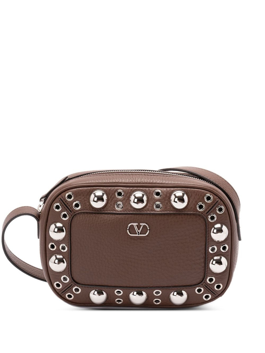 Valentino Pebbled Leather Crossbody Bag Featuring Studs In Brown