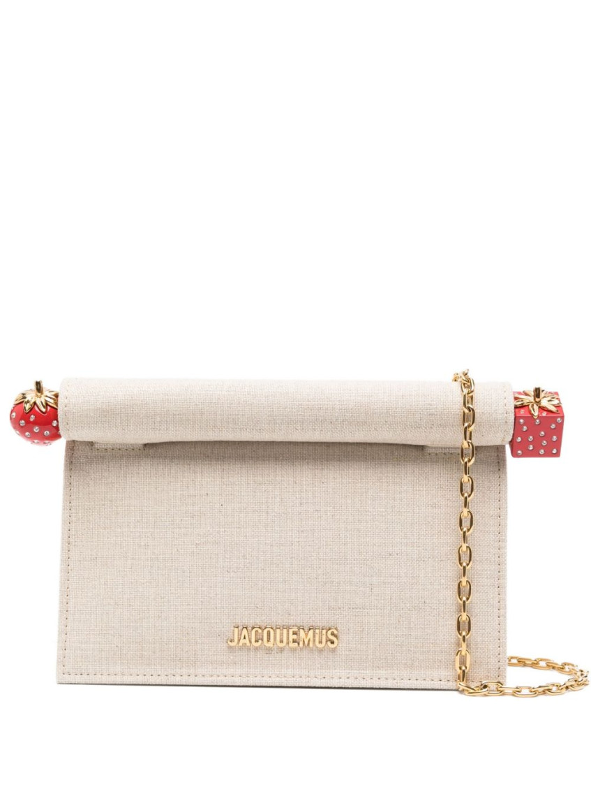 Jacquemus Pochette Small Embellished Leather-trimmed Canvas Clutch In Sand