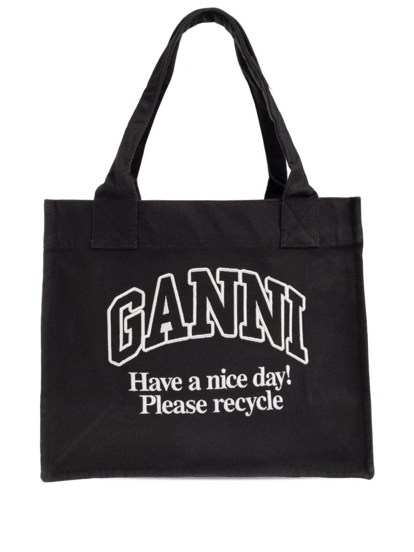 Ganni Women Black Shopper With Embroidered Logo On The Front In Denim Woman In Black
