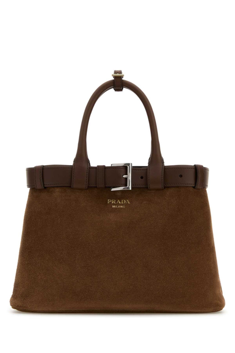 Prada Brown Buckle Belt Suede Medium Satchel Bag
