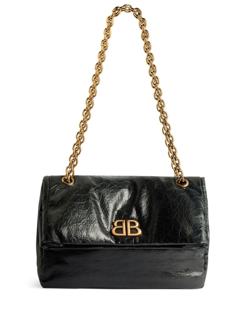 Balenciaga Monaco Crinkled-leather Shoulder Bag In Black