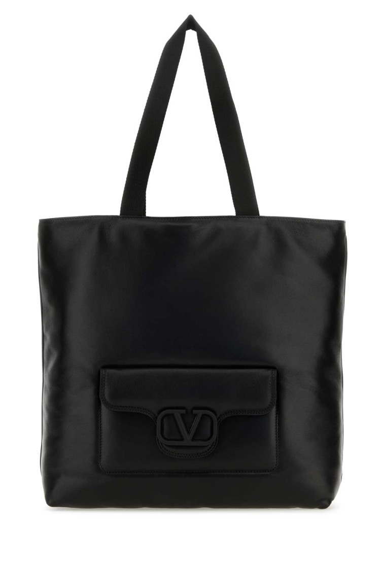 Valentino Black Leather Logo Shopping Bag In Black
