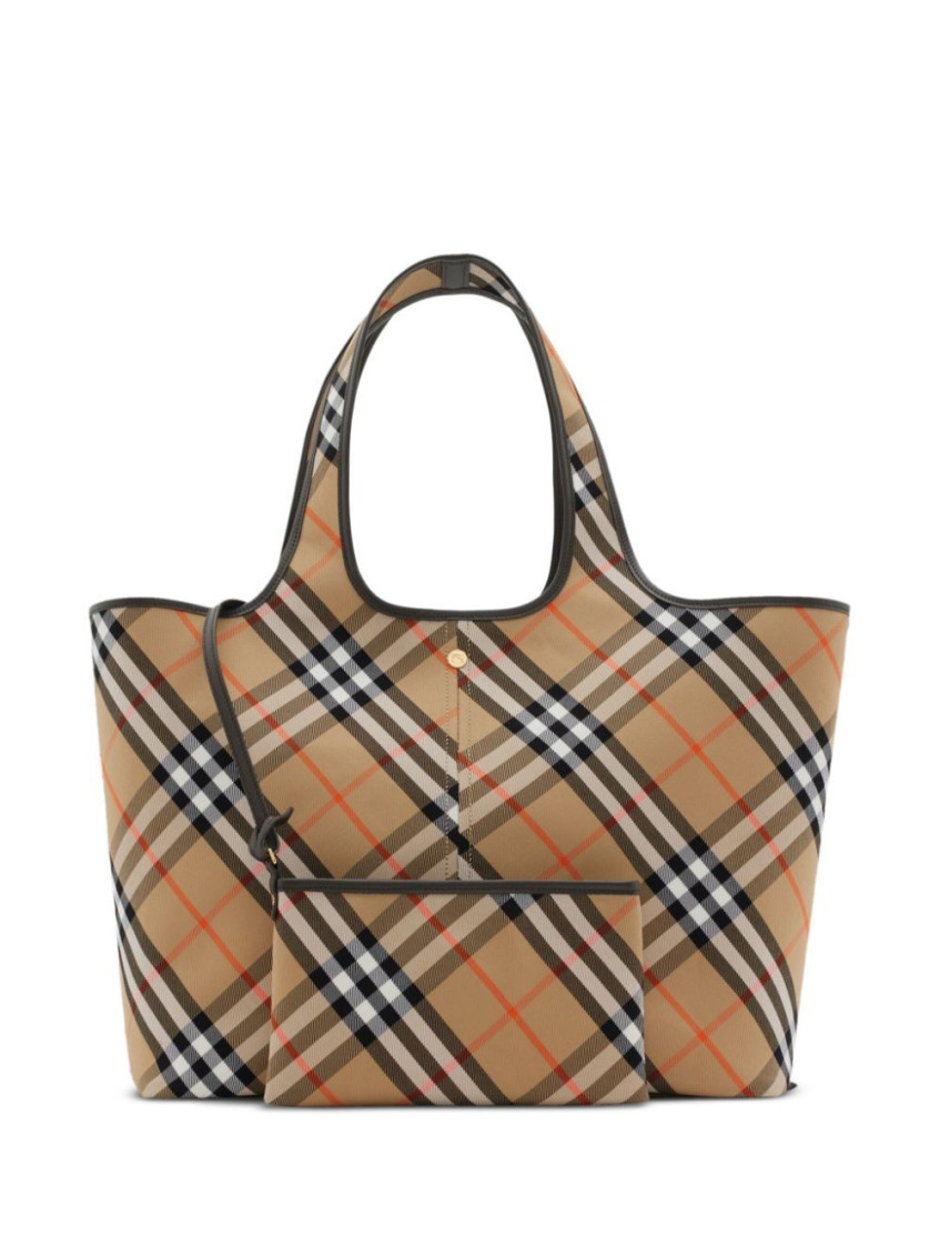 Burberry Check Pattern Tote With Calfskin Trim In Beige