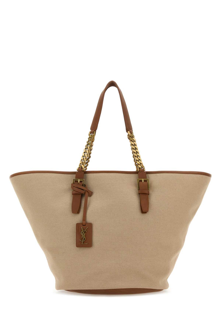 Shop Saint Laurent Natural Cassandre-tag Canvas Tote Bag