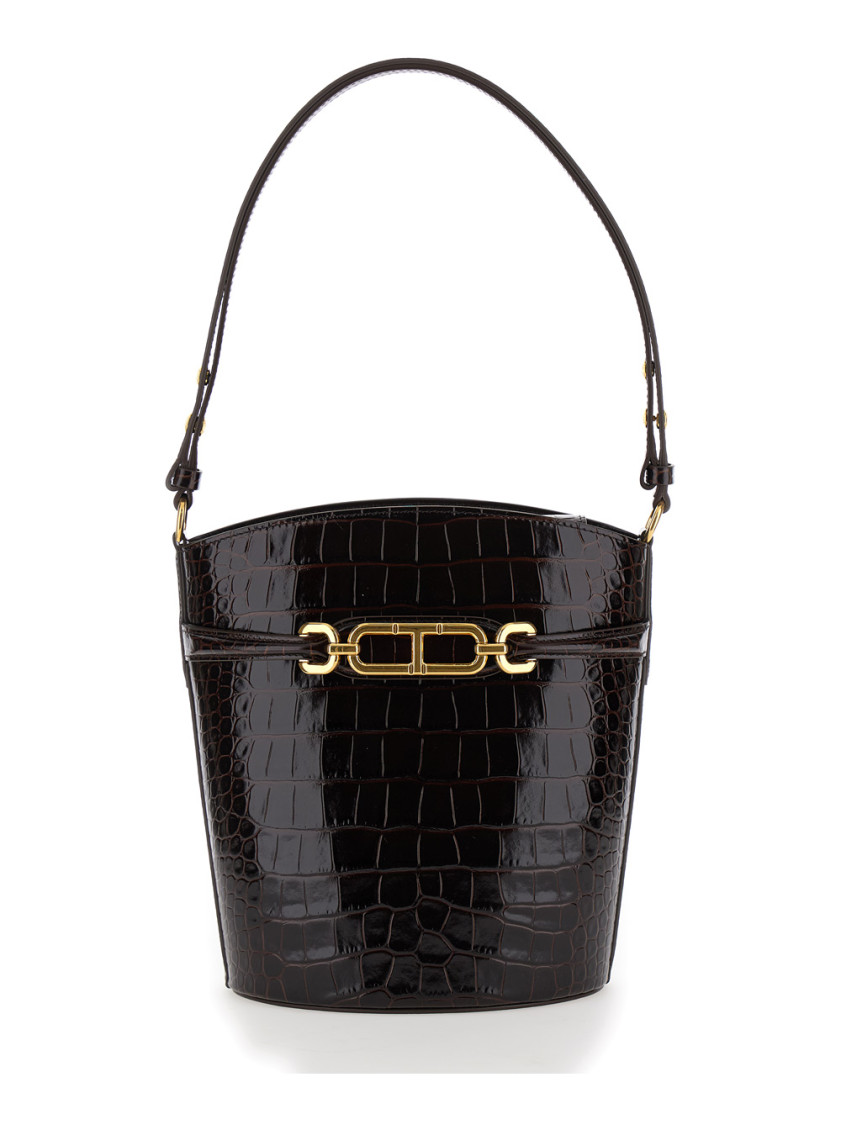 Tom Ford Dark Brown Crocodile Embossed Bucket Bag In Dark Brown