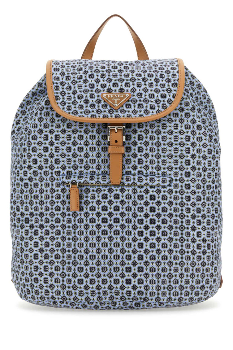 Prada Printed-pattern Leather-trimmed Backpack In Blue