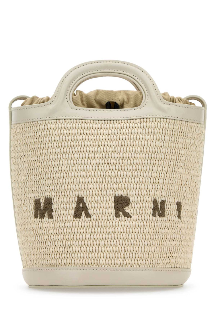 Marni Ivory Leather And Raffia Tropicalia Bucket Bag In White