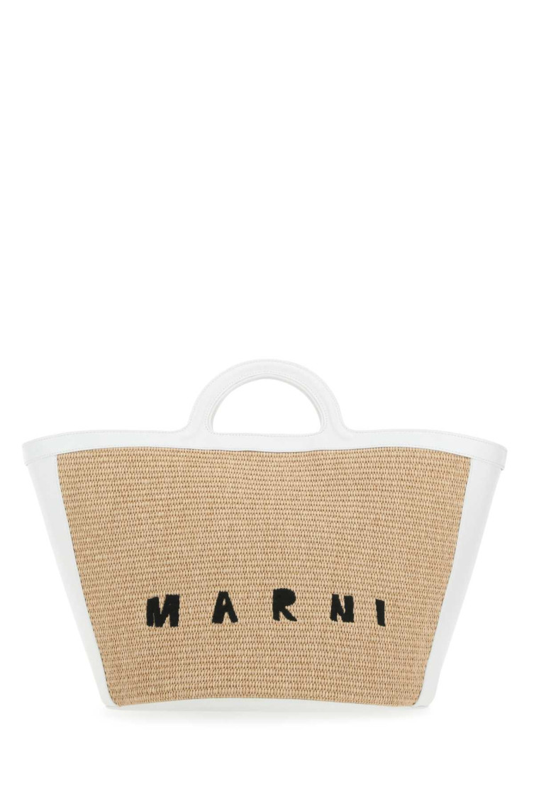 MARNI TWO-TONE LEATHER AND RAFFIA LARGE TROPICALIA SUMMER HANDBAG 