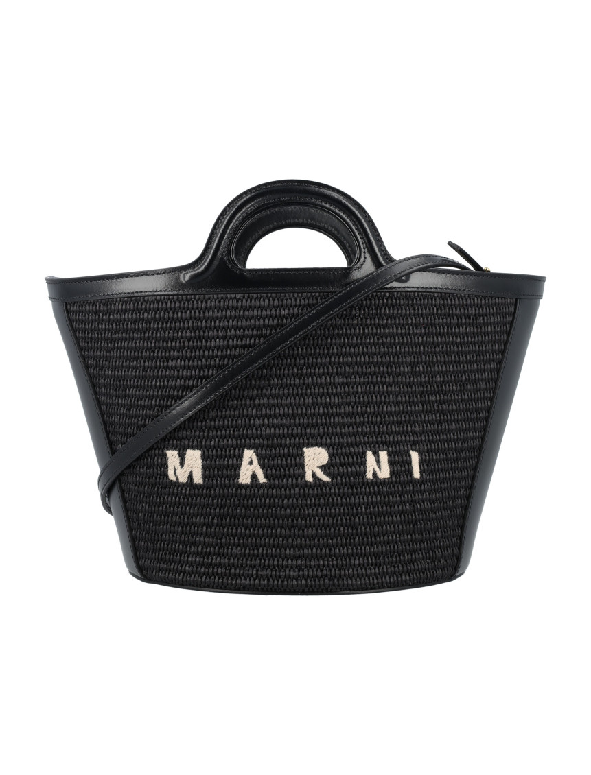 Marni Tropicalia Structured Shoulder Bag With Raffia Panels In Black