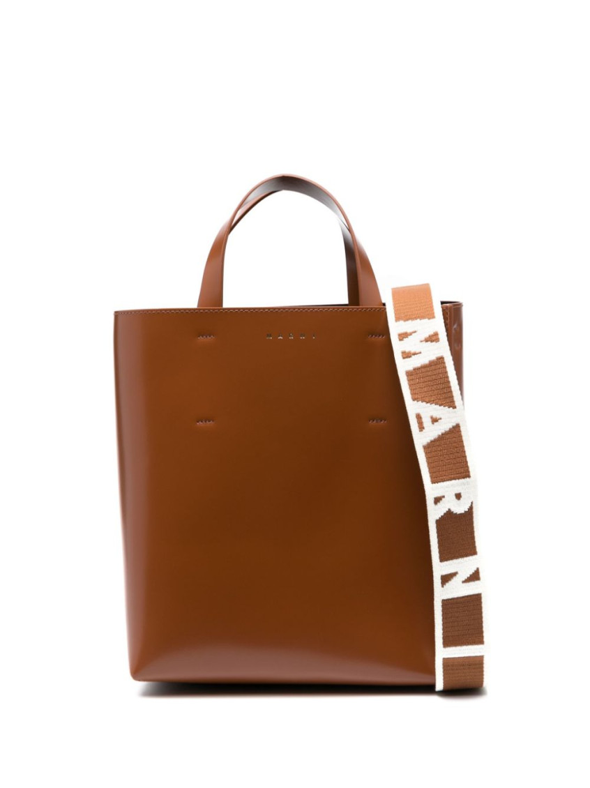 Marni Structured Brown Calf Leather Shoulder Bag In Orange