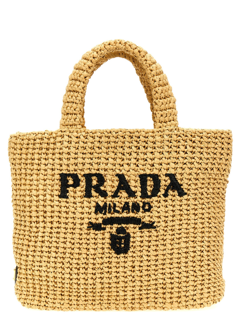 Prada Beige Woven Small Tote Bag In Yellow
