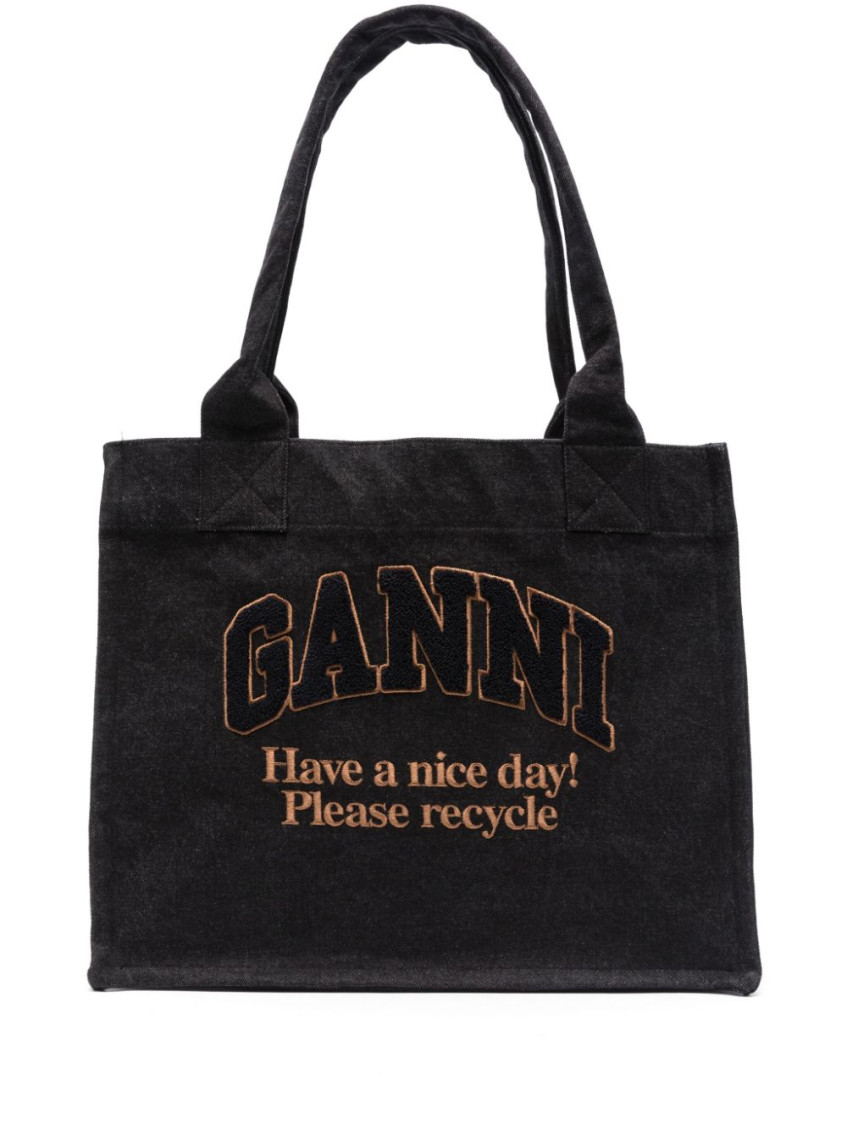 Ganni Borsa Tote Large Easy Shopper Denim In Black