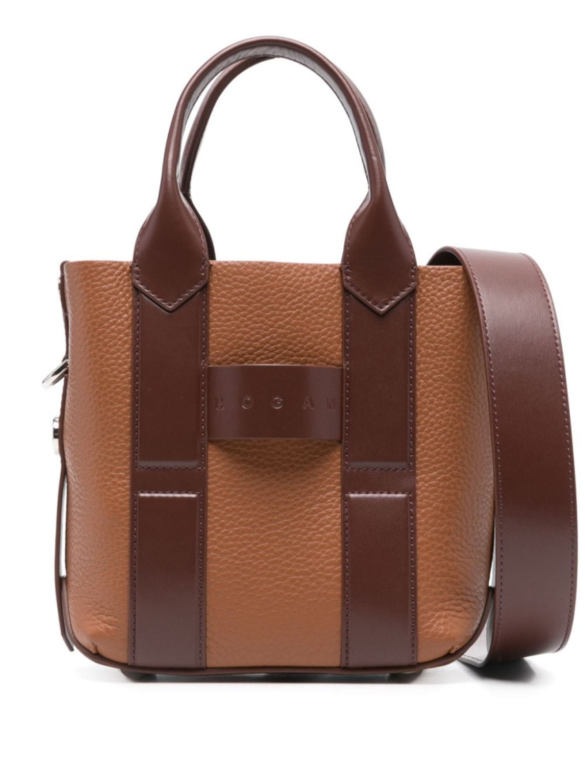 Hogan Small Leather Tote Bag Script In Brown