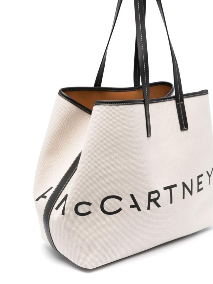 【STELLA MCCARTNEY】Ecru cotton-blend tote bag with logo Women Cream Logo Top Handle Crossbody Tote Bag | Stella