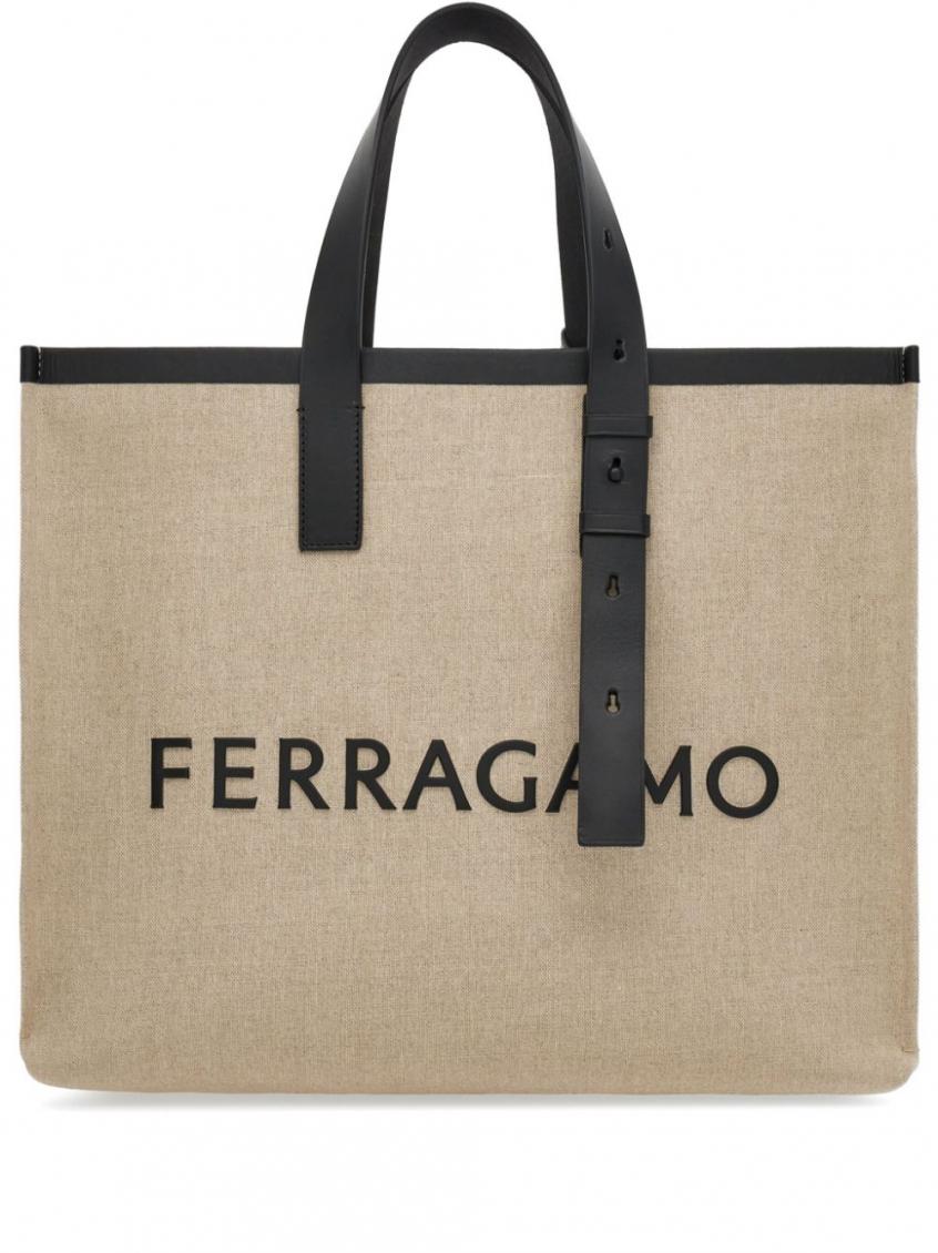 Ferragamo Logo-embossed Leather Tote Bag In Beige