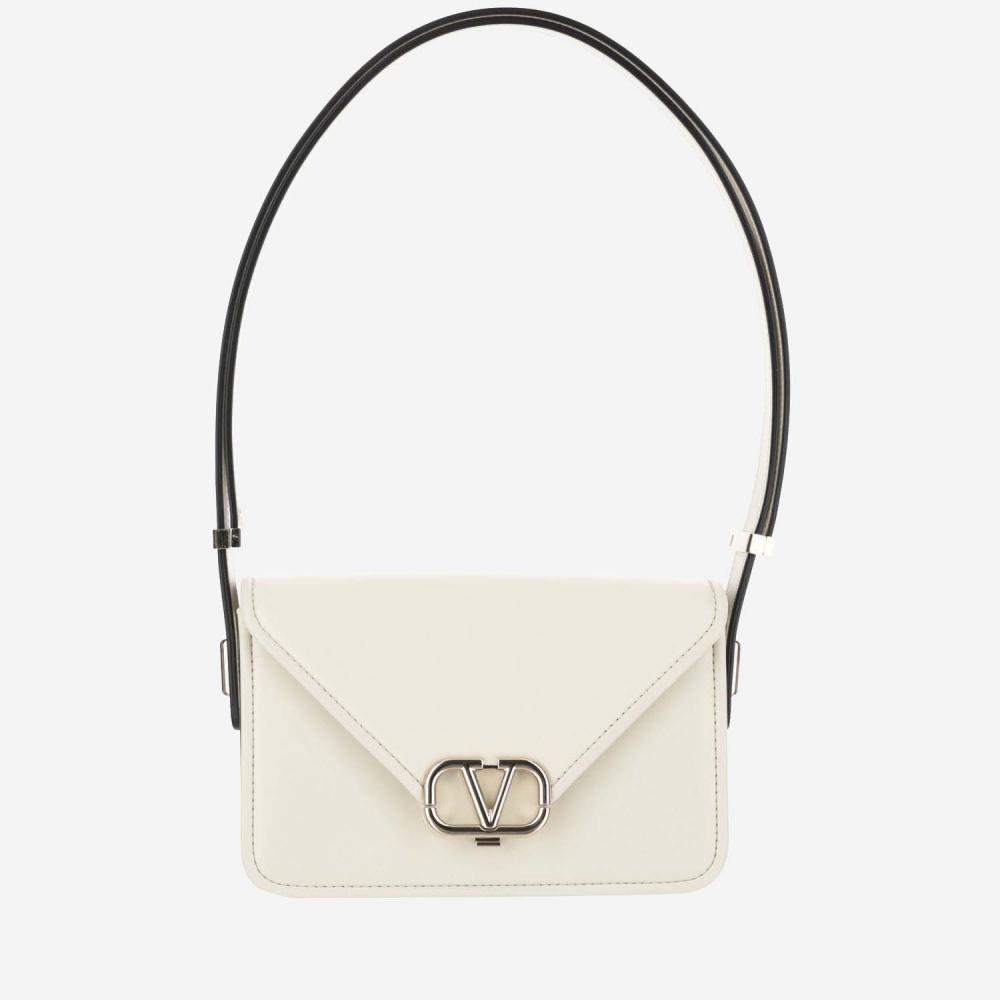 Valentino Logo Plaque Foldover Top Shoulder Bag In Beige