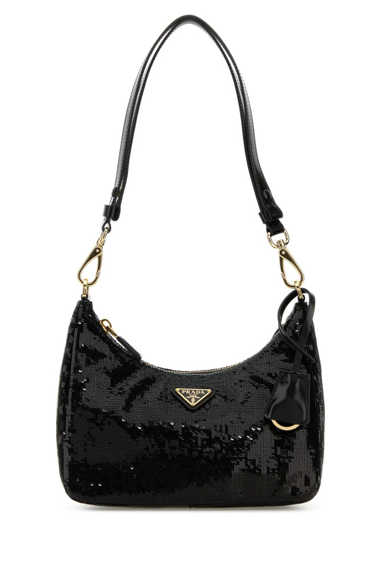Prada Fabric Re-edition Shoulder Bag With Sequin Embellishment In Black