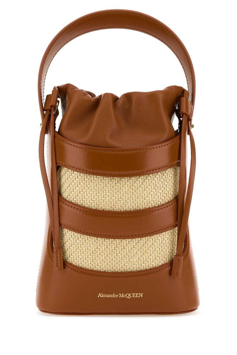 Alexander Mcqueen Women Two-tone Leather And Raffia Mini The Rise Bucket Bag In Brown