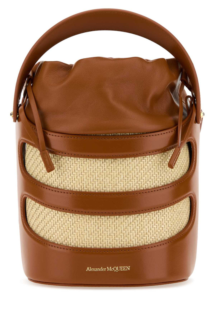 Alexander Mcqueen Two-tone Leather And Raffia The Rise Bucket Bag In Brown