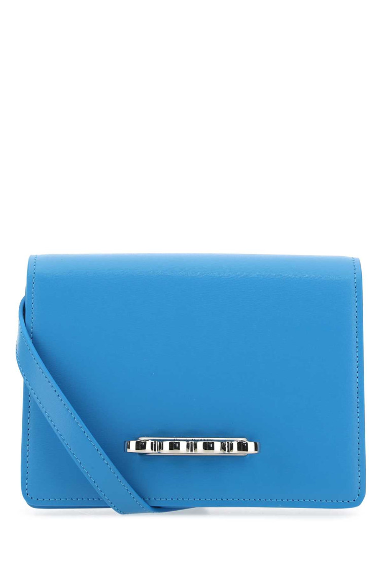 Alexander Mcqueen Woman Light-blue Leather The Four Ring Clutch In Light Blue