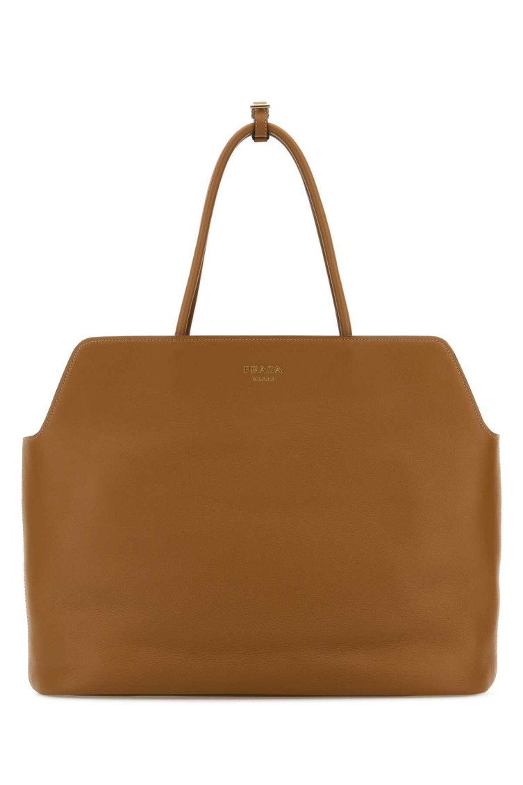 Prada Leather Shopping Bag With Structured Shape And Top Handles In Brown