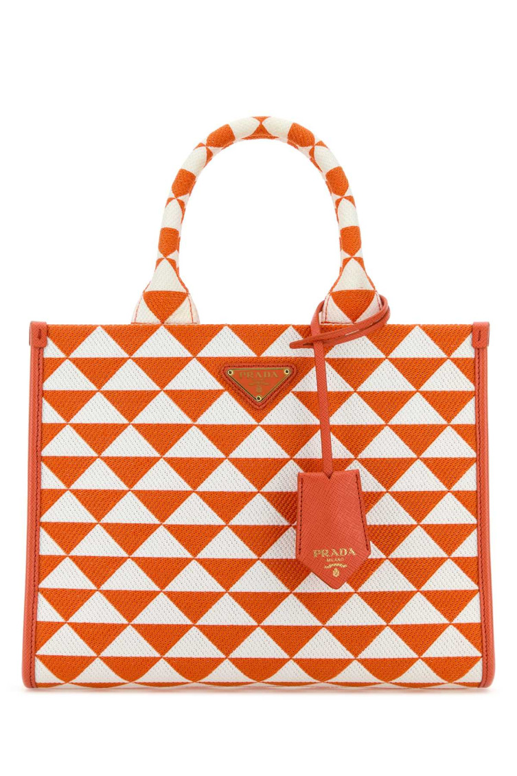 Prada Small Embroidered Fabric Shopping Bag With Triangle Pattern In Orange