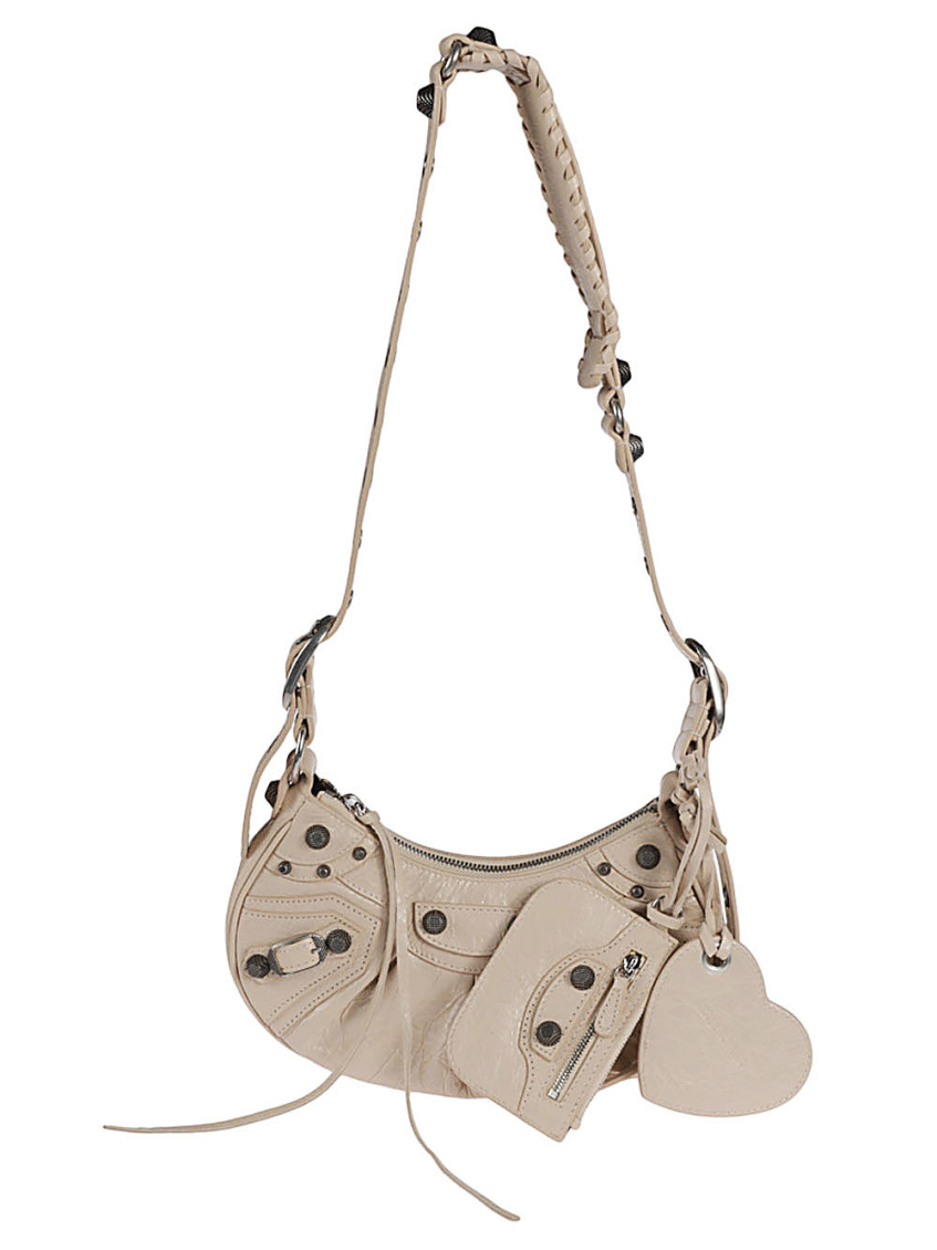 Balenciaga Green Leather Shoulder Handbag With Magnetic Closure And Metal Details In Beige