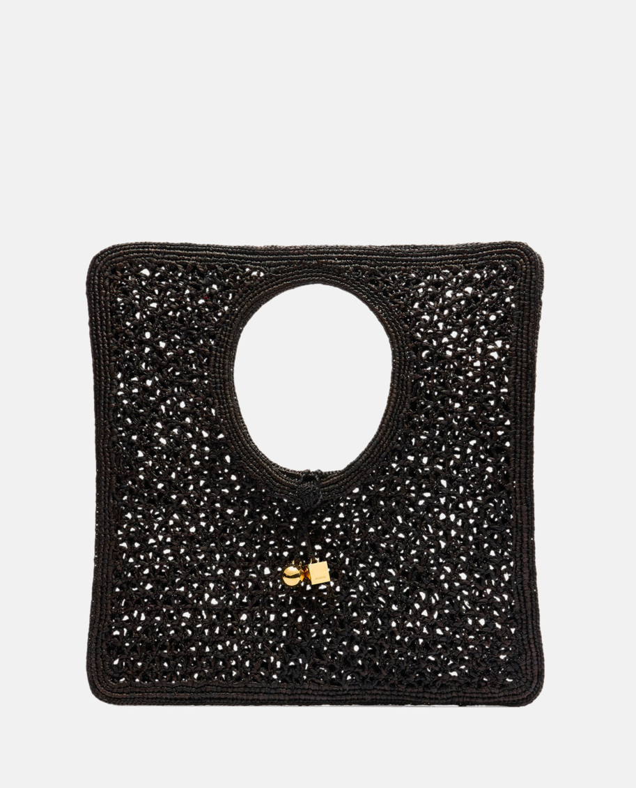 Jacquemus Carre Spiaggia Embellished Braided Raffia Tote In Black