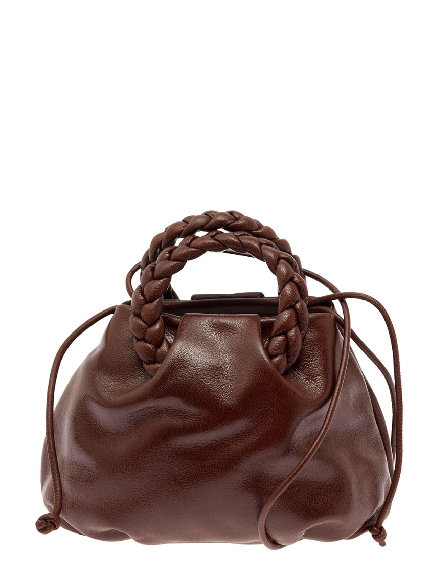 Hereu Bombon M Brown Handbag With Braided Handles In Shiny Leather Woman In Brown