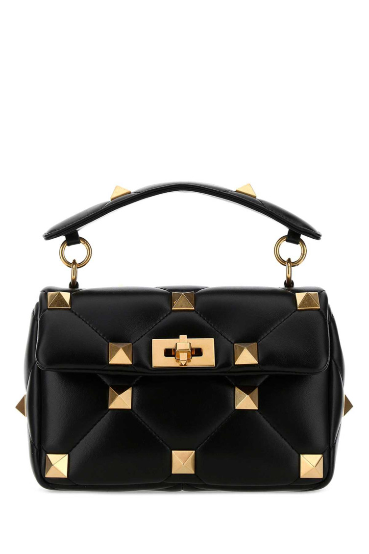 Valentino Garavani Woman Black Nappa Leather Medium Roman Stud Handbag In Black