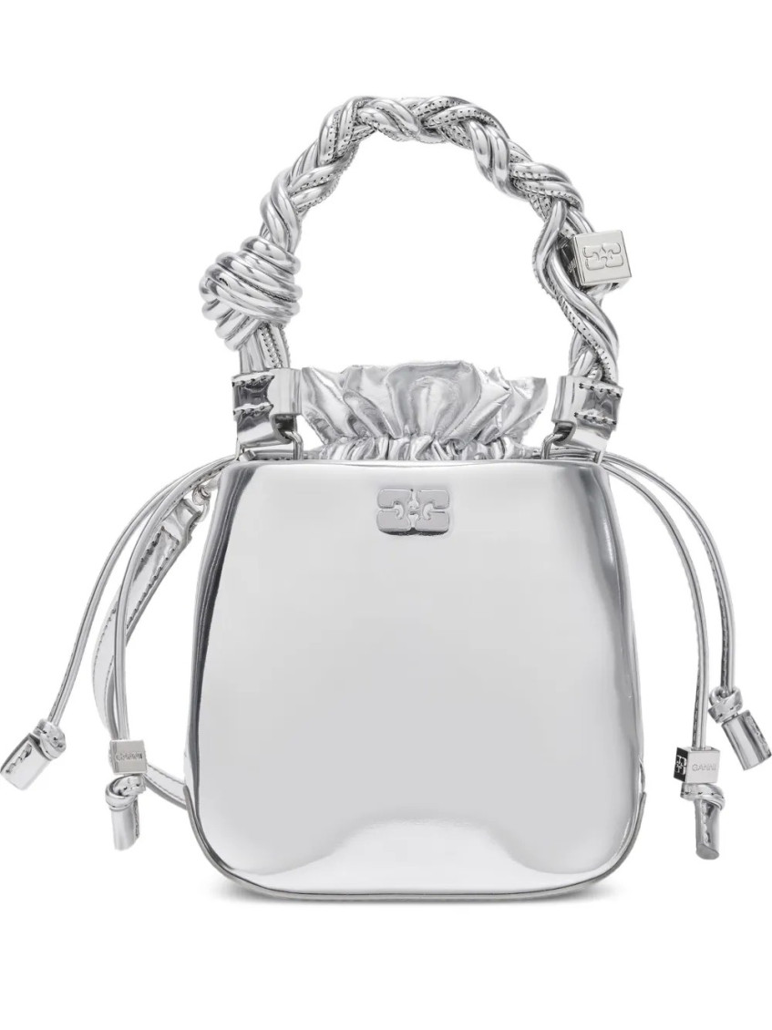 Ganni Mini Bou Twisted-handle Bucket Bag In Silver