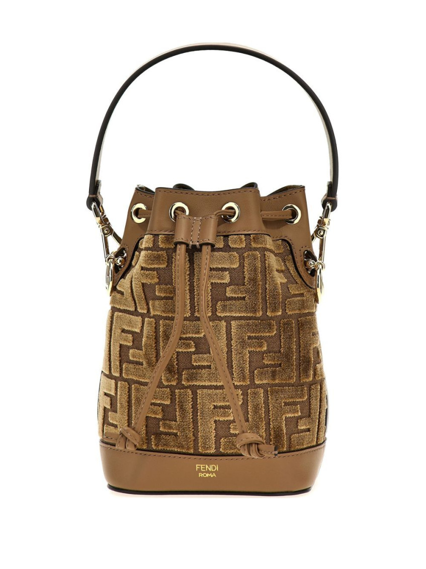 Fendi Mini Leather Bucket Bag With Monogram Pattern In Brown
