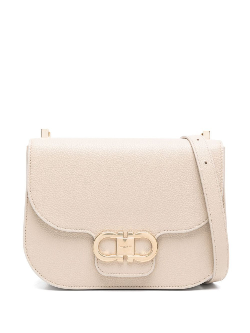 Shop Ferragamo Light Beige Double Gancini Crossbody Bag