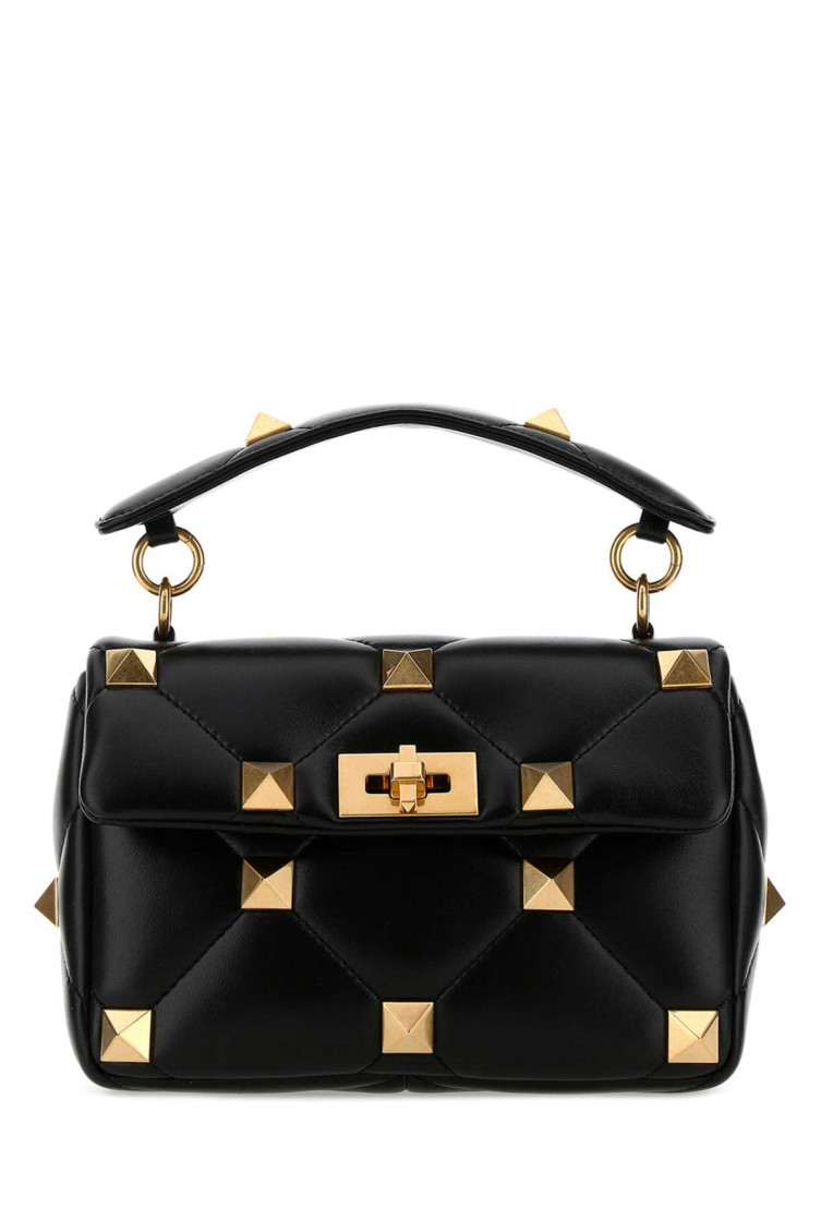 Valentino Garavani Woman Black Nappa Leather Medium Roman Stud Handbag In Black