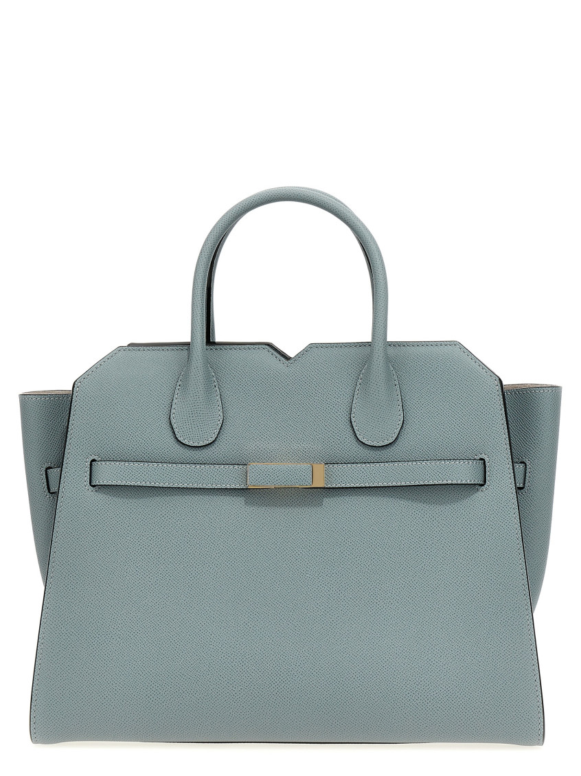 Shop Valextra Blue Milano Medium Handbag In Grey