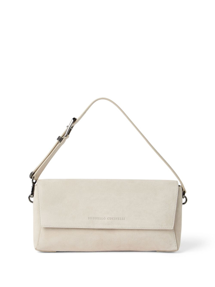 Brunello Cucinelli Adjustable Strap Suede Finish Shoulder Bag In Neutral