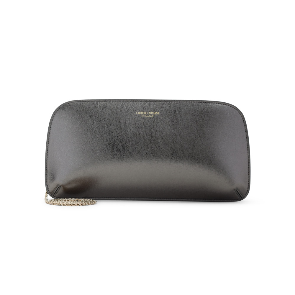 Giorgio Armani Logo Metallic Leather Clutch In Dark Grey