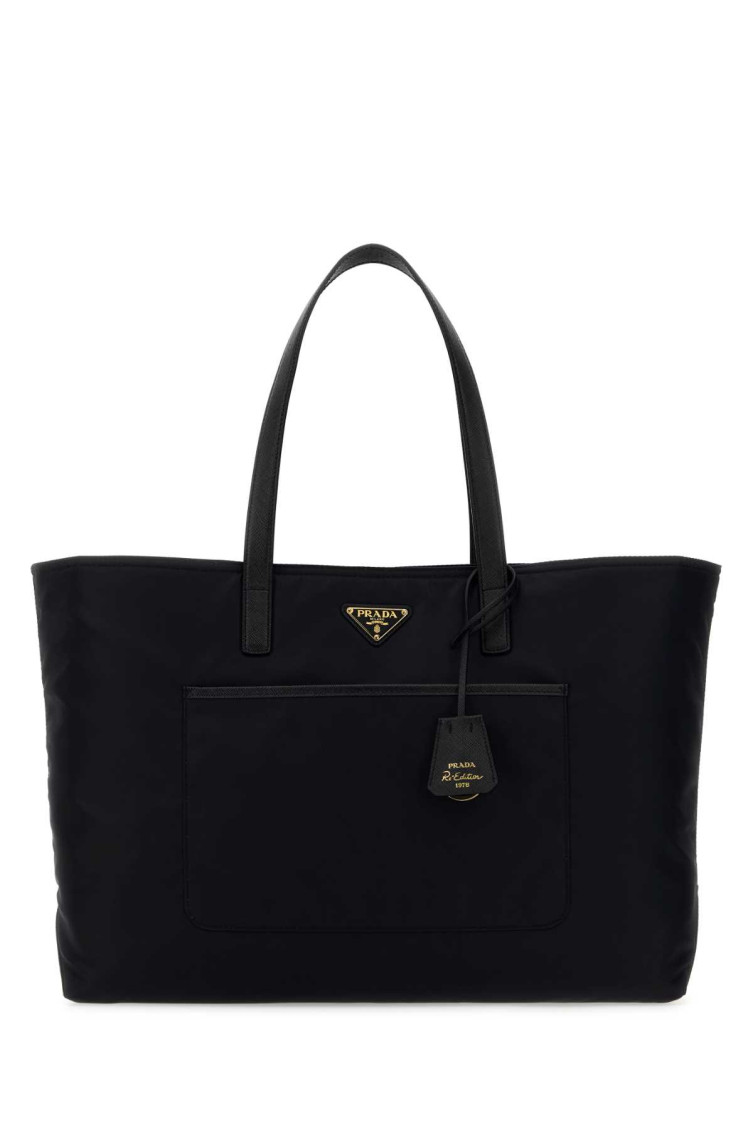 Prada Large Re-edition 1978 Shopping Bag With Front Pocket In Black