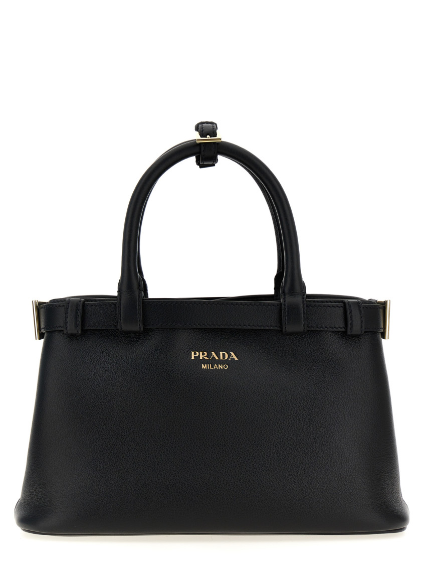Prada＊Prada Buckle Small Grainy Leather Handbag Black Black Prada Buckle leather handbag with double belt | PRADA
