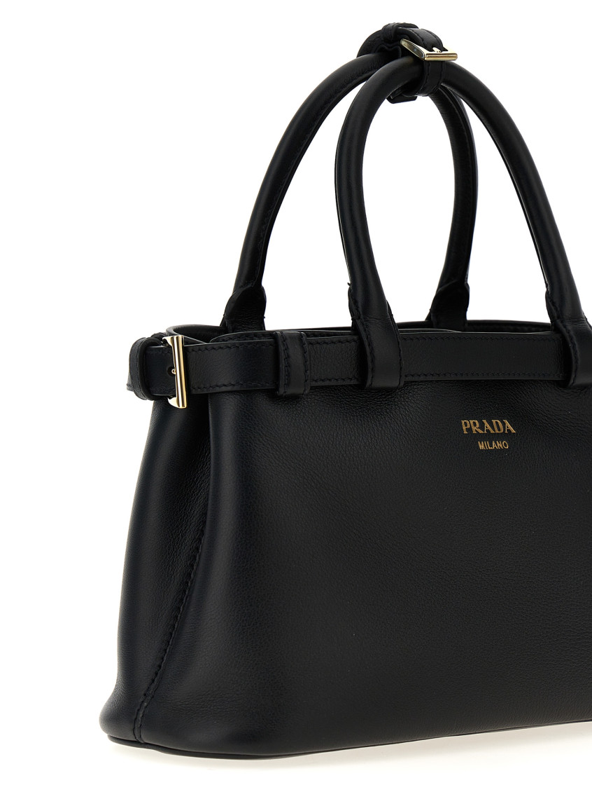 Prada＊Prada Buckle Small Grainy Leather Handbag Black Black Prada Buckle Small Leather Handbag With Double Belt